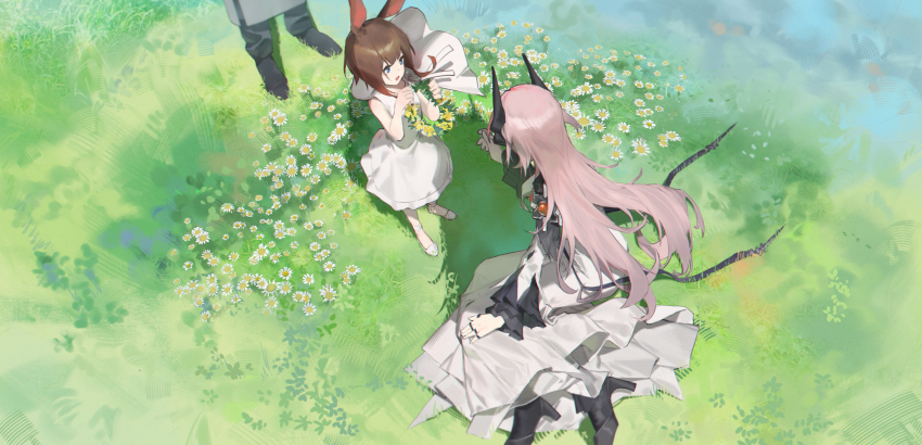 1other 2girls :d amiya_(arknights) amiya_(young)_(arknights) animal_ears arknights bare_arms bare_shoulders black_horns black_shoes blue_eyes brown_hair cape commentary danzir day doctor_(arknights) dress flower grass head_wreath head_wreath_removed highres holding holding_head_wreath horns jewelry long_hair long_sleeves looking_at_another multiple_girls on_grass open_mouth out_of_frame outdoors pink_hair ring shoes short_hair sleeveless sleeveless_dress smile standing theresa_(arknights) white_cape white_dress white_flower