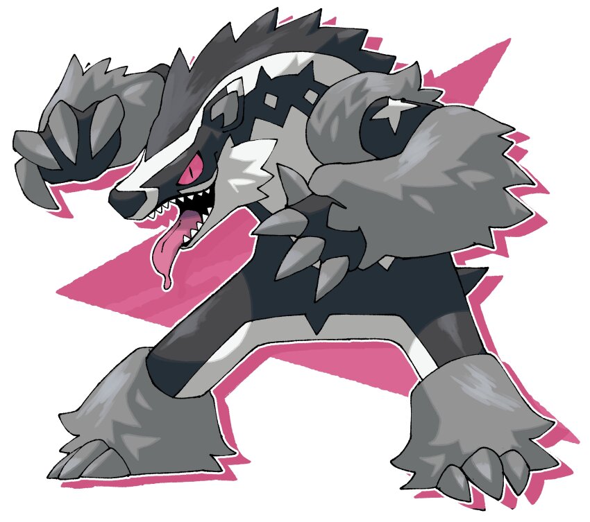 absurdres animal_nose black_fur claws commentary english_commentary gen_8_pokemon grey_fur highres nintendo no_humans obstagoon open_mouth pink_eyes pokemon pokemon_(creature) pokemon_focus pr_quote solo standing tail teeth tongue tongue_out white_background white_fur