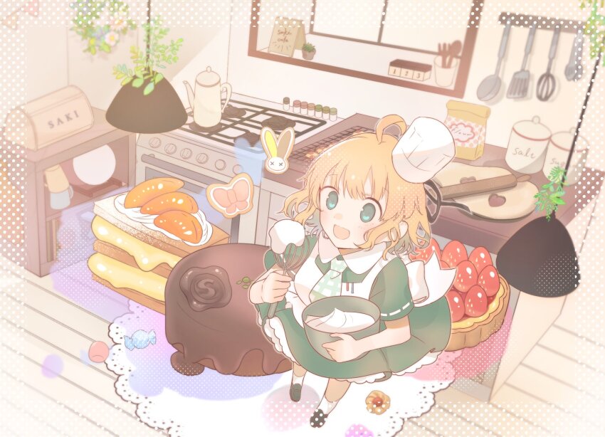 1girl ahoge baking blonde_hair bowl cake chef_hat chocolate_cake cookie dress food fruit green_dress green_eyes hanging_light hat highres holding holding_bowl holding_whisk indie_virtual_youtuber kitchen looking_at_viewer mandarin_orange mirin_ko necktie open_mouth rolling_pin rug salt solo spatula stove granulated_sugar teapot totoki_saki virtual_youtuber whipped_cream whisk wooden_floor