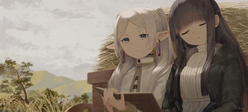 2girls black_hair book cart closed_eyes closed_mouth cut_bangs dress earrings elf fern_(sousou_no_frieren) floating_earring frieren green_eyes hay highres holding holding_book jewelry looking_at_viewer mountainous_horizon multiple_girls outdoors pointy_ears sky sleeping sleeping_upright sousou_no_frieren twintails white_dress white_hair yomogi_kururi