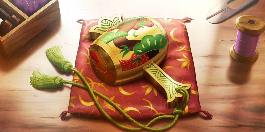 artist_request game_cg miracle_mallet needle no_humans object_focus official_art pillow scissors sewing_needle still_life third-party_source touhou touhou_lostword wooden_box yarn yarn_bobbin