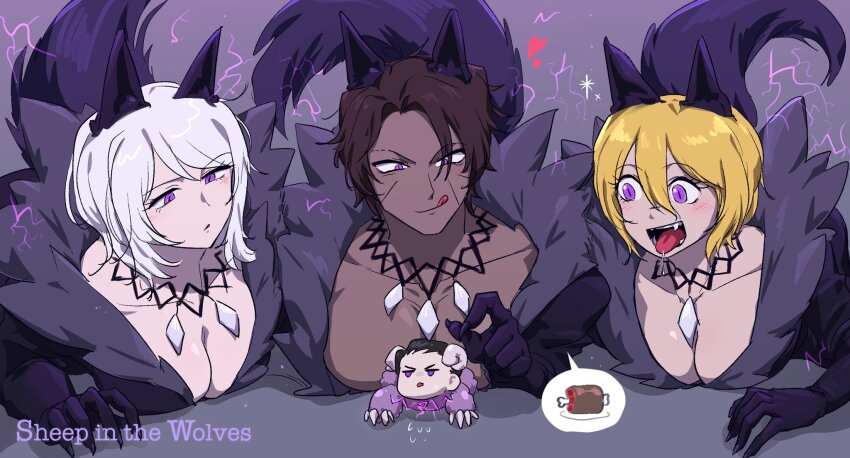 2boys 2girls animal_ears black_hair blonde_hair bob_cut boned_meat brown_hair claws dark-skinned_male dark_skin don_quixote_(project_moon) e.g.o_(project_moon) electric_screaming_(e.g.o) electricity faust_(project_moon) food heathcliff_(project_moon) highres horns jewelry large_pectorals licking_lips limbus_company meat medium_hair meursault_(project_moon) multiple_boys multiple_girls necklace pectorals project_moon purple_eyes sheep_horns short_hair speech_bubble tail telepole_(e.g.o) tongue tongue_out white_hair wolf_ears wolf_tail youngyeah57