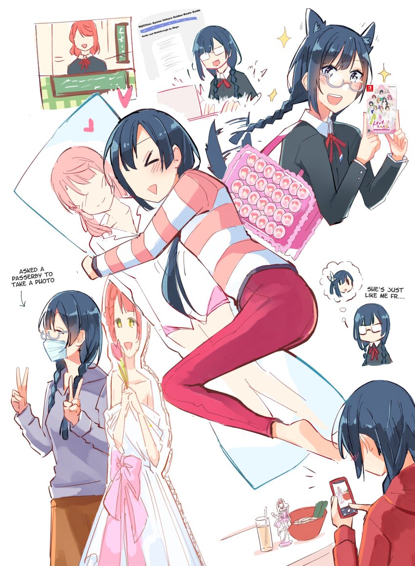 &gt;_&lt; 1girl :&gt; :d ^_^ absurdres acrylic_stand_(object) alternate_universe animal_ears badge black_jacket blue_hair blue_mask blush body_pillow bowl braid brown_skirt button_badge cardboard_cutout cat_ears cellphone character_print closed_eyes collarbone collared_shirt commentary cup dark_blue_hair double_v dress dress_shirt drinking_glass english_commentary english_text faceless faceless_female food glasses grey-framed_eyewear grey_eyes grey_hoodie heart highres holding holding_game_cartridge holding_phone hood hood_down hoodie hugging_object itabag jacket kemonomimi_mode long_hair love_live! love_live!_nijigasaki_high_school_idol_club low_twin_braids low_twintails mask medium_hair mouth_mask multiple_views myonmukyuu nakagawa_nana neck_ribbon nijigasaki_school_uniform noodles notice_lines off-shoulder_dress off_shoulder official_alternate_costume official_art_inset opaque_glasses open_mouth oshi-katsu otaku oversized_clothes oversized_shirt pants phone pillow pink_bag pink_hair pink_pants pink_shirt pink_shorts print_pillow ramen red_hoodie red_ribbon ribbon school_uniform semi-rimless_eyewear shirt short_shorts shorts skirt smartphone smile speech_bubble striped_clothes striped_shirt taking_picture teeth thought_bubble tokimeki_no_mirai_chizu triangle_mouth twin_braids twintails two-tone_shirt typing uehara_ayumu under-rim_eyewear upper_teeth_only v wedding_dress white_dress white_shirt winter_uniform yuki_setsuna yuki_setsuna_(love_live!) yume_e_no_ippo