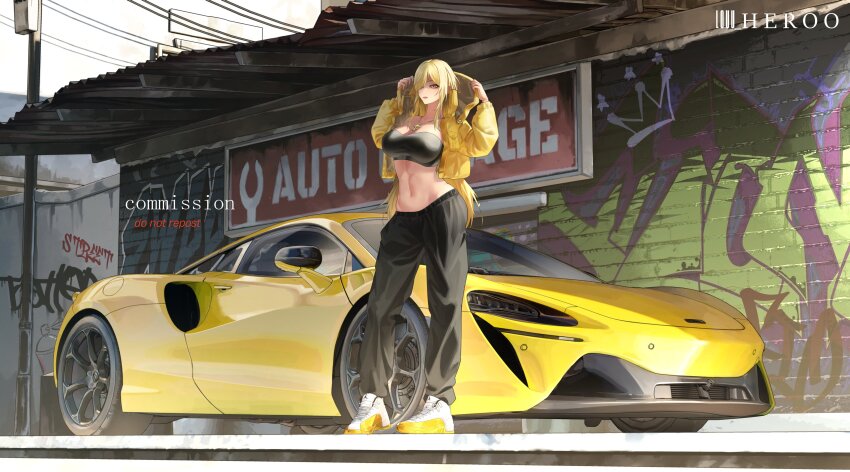 1girl absurdres arms_behind_head artist_name bare_shoulders black_pants black_sports_bra blonde_hair breasts car casual city cleavage commentary english_commentary english_text full_body garage graffiti hair_over_one_eye highres jacket jewelry long_hair long_sleeves looking_at_viewer louu_heroo medium_breasts motor_vehicle navel necklace open_clothes open_jacket open_mouth original pants parted_lips race_vehicle racecar red_eyes road shoes sidelocks sneakers solo sports_bra sports_car sportswear standing street vehicle_request yellow_car yellow_jacket yoga_pants