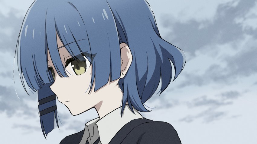 1girl absurdres black_ribbon blue_hair bocchi_the_rock! cloud cloudy_sky collared_shirt earrings expressionless hair_ornament hairclip highres jewelry mole mole_under_eye neck_ribbon nikyuppa outdoors ribbon shirt short_hair sky solo stud_earrings upper_body white_shirt yamada_ryo yellow_eyes
