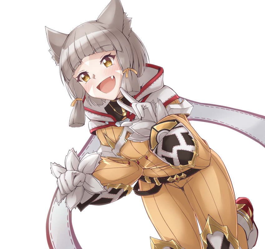 1girl :d absurdres animal_ears blunt_bangs blush bodysuit cat_ears cowboy_shot facial_mark fangs flat_chest gloves highres kagin_(kagou_shita_nanika) nia_(xenoblade) open_mouth short_hair silver_hair simple_background smile v white_background white_gloves xenoblade_chronicles_(series) xenoblade_chronicles_2 yellow_bodysuit yellow_eyes