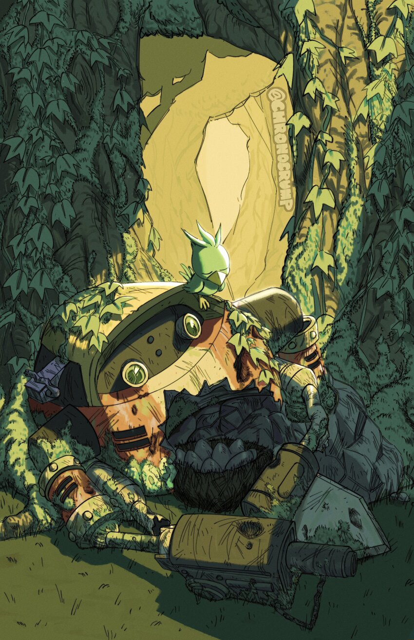 absurdres arm_cannon bird_nest chronocrump closed_eyes e-102_gamma egg flicky_(character) highres moss no_humans robot sonic_(series) sonic_adventure twitter_username weapon