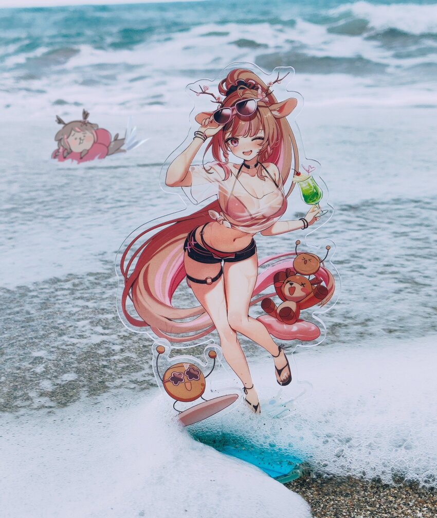 1girl absurdres animal_ears deer_ears deer_girl deer_horns exitus food glasses highres kannazuki_lubee long_hair navel ocean one_eye_closed parfait photo_(medium) sandals swimsuit thigh_strap very_long_hair virtual_youtuber