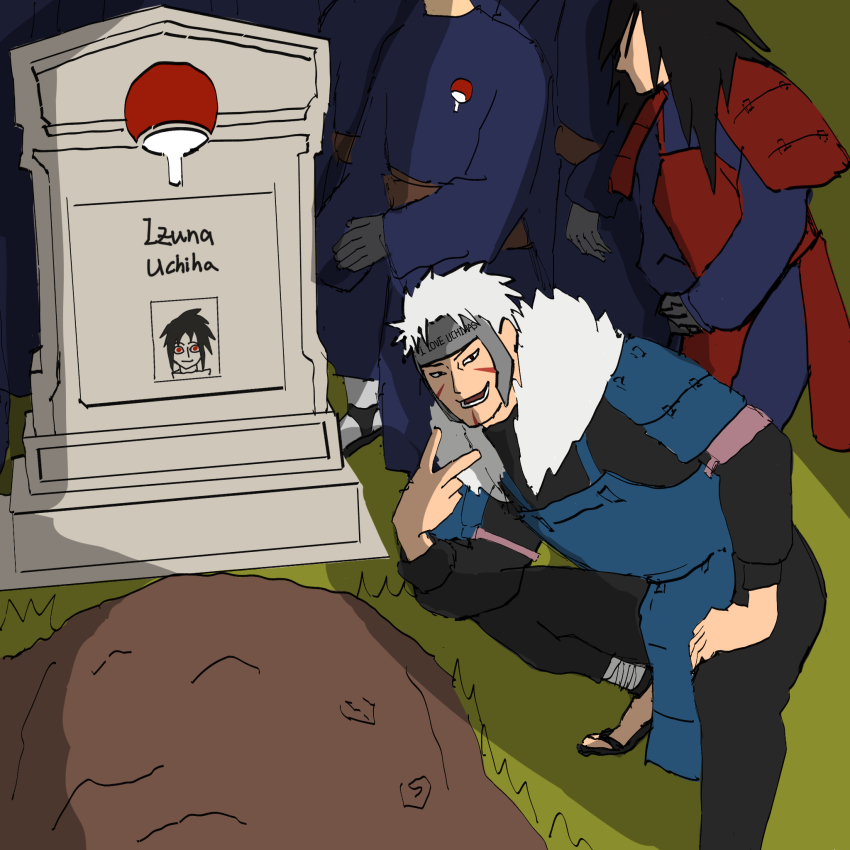 2boys armor black_hair blue_armor fevershark funeral grant_gustin_next_to_oliver_queen&#039;s_grave_(meme) highres iei meme multiple_boys naruto_(series) red_armor senju_tobirama tombstone uchiha_izuna uchiha_madara uchiha_symbol white_hair