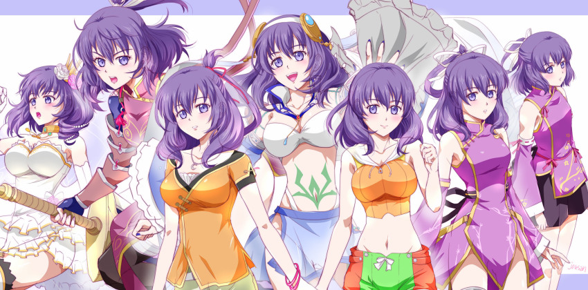 6+girls adapted_costume aged_down ao_no_kiseki arm_guards armor artist_name bare_arms bare_shoulders blue_border blush bob_cut boots border bracelet breasts bridal_veil bride china_dress chinese_clothes closed_mouth clothes_lift collarbone crop_top crown detached_sleeves double-parted_bangs dress dress_lift eiyuu_densetsu elbow_gloves floating_hair flower full_body gloves green_shorts grey_shoes hair_between_eyes hair_flower hair_ornament hair_ribbon hair_rings hairband hajimari_no_kiseki half_updo high_heels highres holding holding_sword holding_weapon huge_weapon jewelry large_breasts light_smile long_hair looking_at_viewer medium_breasts medium_hair midriff mini_crown multiple_girls nail_polish navel necklace open_mouth orange_shirt over-kneehighs parted_lips pauldrons purple_dress purple_eyes purple_hair purple_sleeves red_shorts ribbon rixia_mao shirt shoes short_dress short_hair short_shorts short_sleeves shorts shoulder_armor simple_background single_hair_ring single_pauldron skirt sleeveless sleeveless_dress sleeveless_shirt smile solo stomach strapless strapless_dress sword tattoo thighhighs upper_body veil weapon wedding_dress white_background white_dress white_gloves white_ribbon xiacheng_tatsuya zero_no_kiseki