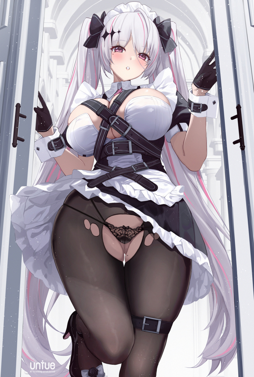 1girl black_gloves black_panties black_pantyhose blush breasts gloves gluteal_fold high_heels highres large_breasts long_hair looking_at_viewer mole mole_under_eye multicolored_hair original panties pantyhose parted_lips pink_hair purple_eyes solo streaked_hair thigh_strap thighs torn_clothes torn_pantyhose twintails underwear untue white_hair wrist_cuffs