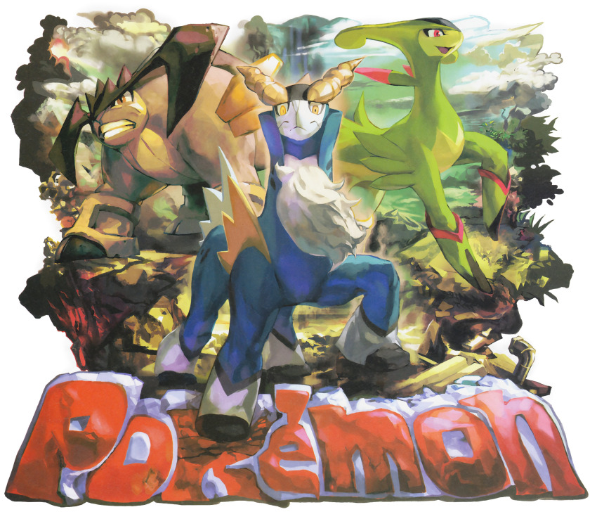 2011 absurdres artist_collaboration brown_eyes closed_mouth cobalion creature forest full_body gen_5_pokemon grass highres horns legendary_pokemon looking_at_viewer looking_to_the_side muscular nature nintendo no_humans official_art open_mouth orange_eyes pokemon pokemon_(creature) pokemon_bw pokemon_bw2 red_eyes serious signature sky smile spikes standing sword terrakion title uniqlo virizion weapon yellow_eyes