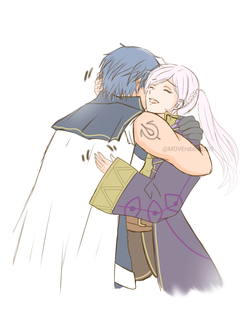 1boy 1girl bare_shoulders belt black_gloves blue_hair breasts cape cheek-to-cheek chrom_(fire_emblem) closed_eyes couple eyelashes female_robin_(fire_emblem) fingernails fire_emblem fire_emblem_awakening gloves happy heads_together highres hood hood_down hug intelligent_systems long_coat long_hair long_sleeves medium_breasts motion_lines moverabbit0305 muscular_arms nintendo no_gloves open_mouth patting_back shirt short_hair sidelocks sleeveless sleeveless_shirt sleeves_past_wrists smile standing swept_bangs toned toned_male twintails white_background white_cape white_hair wide_sleeves yellow_eyes