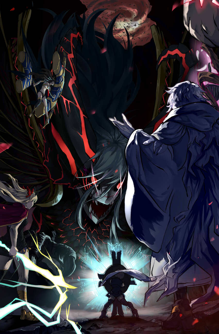 1boy 4girls absurdres black_hair blonde_hair dragon ereshkigal_(fate) fate/grand_order fate_(series) fighting_stance flying highres ishtar_(fate) lahmu_(fate) lord_camelot_(fate) mash_kyrielight mash_kyrielight_(demi-servant) merlin_(fate) monster multiple_girls sharp_teeth shield size_difference teeth tiamat_(dragon)_(fate) tiamat_(fate) user_ueuf2555