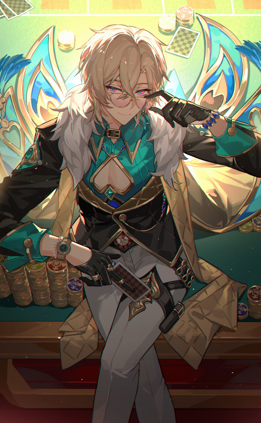 1boy absurdres adjusting_eyewear aventurine_(honkai:_star_rail) between_fingers black_coat black_gloves blonde_hair blue_shirt bracelet card card_between_fingers cleavage_cutout clothing_cutout coat collared_shirt crossed_bangs crossed_legs earrings feet_out_of_frame from_above fur-trimmed_coat fur_trim gloves hand_on_eyewear hand_up highres holding holding_card honkai:_star_rail honkai_(series) jewelry kazenemuri looking_at_viewer male_focus multicolored_eyes pants pearl_bracelet pink_eyes poker_chip poker_table ring second-party_source shirt short_hair single_earring sitting smile spade_cutout sunglasses table thigh_strap two-tone_eyes watch white_pants wristwatch