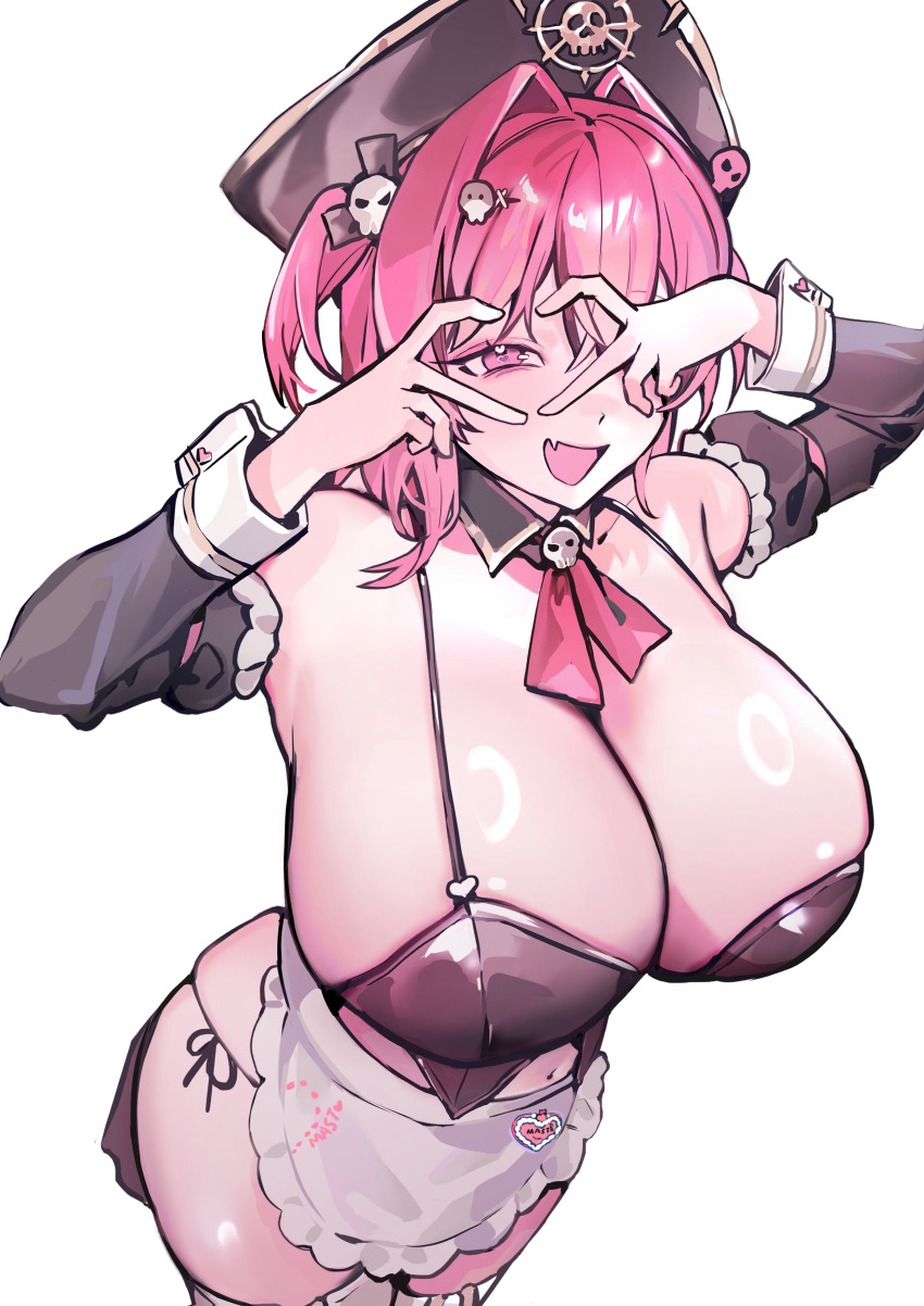 1girl absurdres apron arm_garter bare_shoulders bikini black_bikini black_collar black_hat black_ribbon black_sleeves black_vest blush breasts character_name collar collarbone commentary detached_collar detached_sleeves fang goddess_of_victory:_nikke hair_intakes hair_ornament hair_ribbon hairclip hat heart heart_hands heart_hands_over_eye heart_in_eye highres huge_breasts long_sleeves looking_at_viewer maid_apron mast_(nikke) mast_(romantic_maid)_(nikke) multicolored_hair navel neckerchief open_mouth pink_eyes pink_hair pirate_hat red_neckerchief ribbon shiny_skin side-tie_bikini_bottom simple_background skin_fang skull_collar skull_hair_ornament smile solo stomach streaked_hair susuri swimsuit symbol_in_eye thighhighs thighs two_side_up vest white_apron white_background white_thighhighs white_wrist_cuffs wrist_cuffs