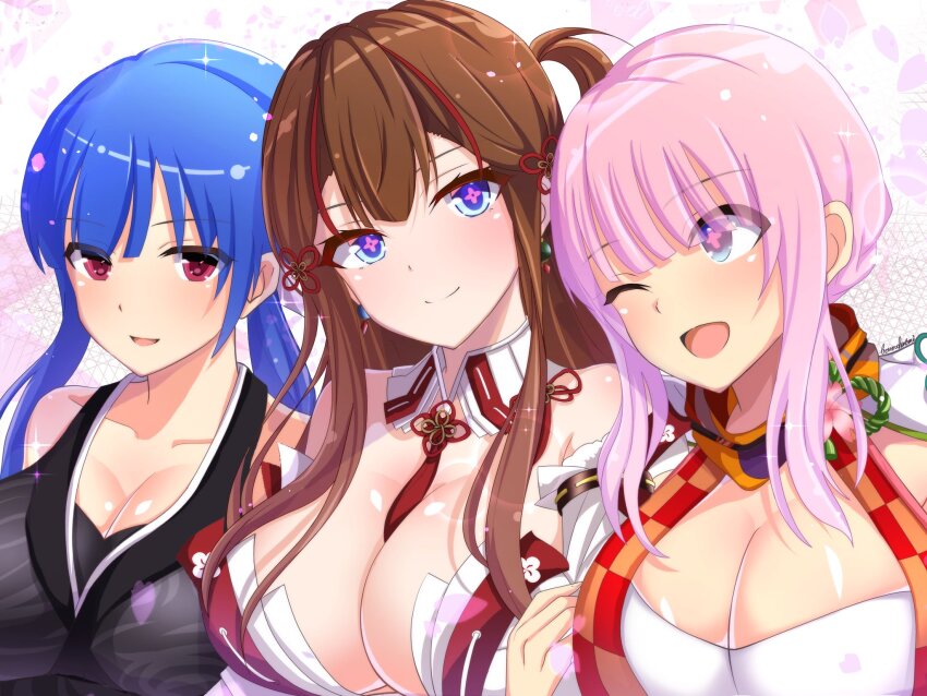 +_+ 3girls bare_shoulders betterthanbone2 blue_eyes blunt_bangs braid breasts brown_hair checkered_clothes chinese_knot cleavage closed_mouth detached_collar detached_sleeves earrings flower-shaped_pupils friends frontless_outfit hair_ornament hair_rings hairpin highres japanese_clothes jewelry large_breasts looking_at_another mismatched_earrings mizuki_(senran_kagura) multicolored_hair multiple_girls multiple_hairpins neck_tassel one_eye_closed open_mouth pink_hair pink_petals pink_pupils red_eyes revealing_clothes sekirei_(senran_kagura) senran_kagura senran_kagura_new_link sidelocks smile streaked_hair symbol-shaped_pupils toki_(senran_kagura)