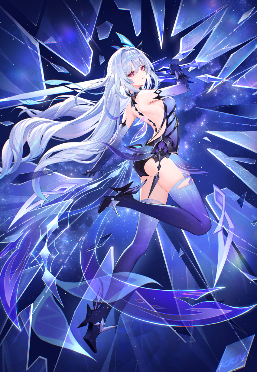 1girl absurdres ass backless_outfit breasts closed_mouth full_body genshin_impact grey_hair hair_ornament highres holding holding_sword holding_weapon lalazyt long_hair looking_at_viewer prosthesis prosthetic_arm prosthetic_leg red_eyes skirk_(genshin_impact) solo standing standing_on_one_leg sword very_long_hair weapon