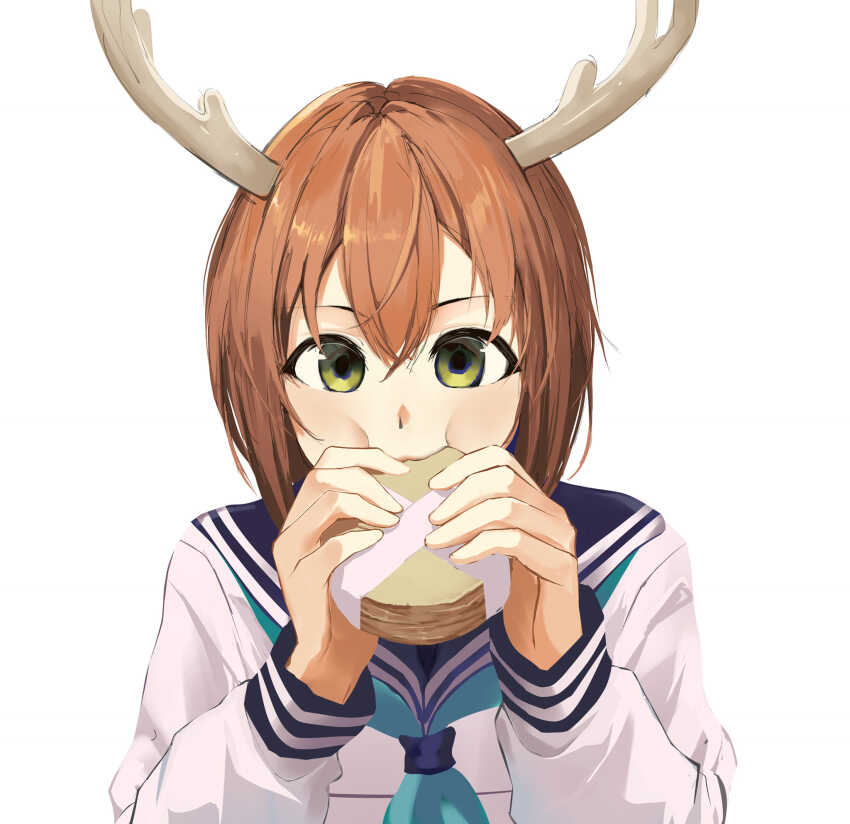 1girl aemo animal_ears antlers blue_sailor_collar brown_hair commentary deer_antlers deer_cracker deer_ears deer_girl eating english_commentary hair_between_eyes hands_up highres holding horns long_sleeves looking_at_viewer sailor_collar school_uniform serafuku shikanoko_noko shikanoko_nokonoko_koshitantan shirt short_hair simple_background solo upper_body white_background white_shirt yellow_eyes