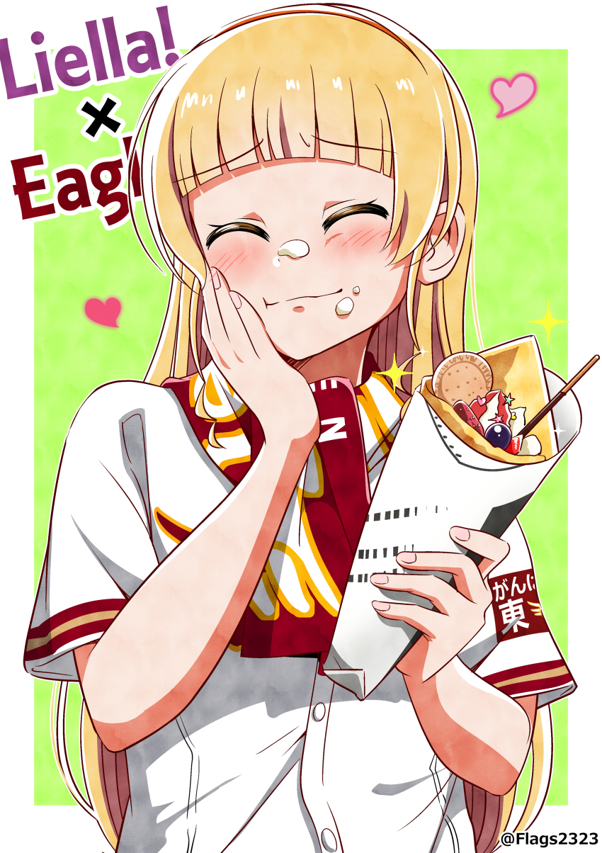 1girl absurdres blonde_hair blunt_bangs blush border closed_eyes closed_mouth commentary_request cream cream_on_face crepe facing_viewer food food_on_face furrowed_brow green_background group_name hand_on_own_cheek hand_on_own_face heanna_sumire heart highres holding holding_crepe holding_food ice_cream_crepe long_hair love_live! love_live!_superstar!! nippon_professional_baseball outside_border pakudehon red_scarf scarf shirt short_sleeves sidelocks solo sparkle standing touhoku_rakuten_golden_eagles twitter_username upper_body white_border white_shirt