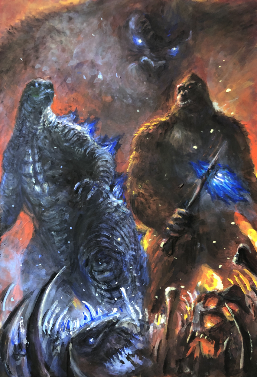 absurdres ape axe bald battle_axe blood blue_eyes bone bone_axe bone_weapon bone_whip burning_axe crossover dinosaur embers facepaint flaming_weapon g.n.a giant giant_monster glowing glowing_axe glowing_eyes glowing_mouth glowing_spikes glowing_weapon godzilla godzilla_(series) godzilla_x_kong:_the_new_empire gorilla highres kaiju king_kong king_kong&#039;s_battle_axe king_kong_(series) kong_(monsterverse) legendary_pictures monster monsterverse muscular muscular_arms muscular_male no_humans no_pupils orangutan pectorals ribs scar scar_across_eye scar_on_face sea_monster skar_king skeleton skull spikes spine toho war_paint weapon whip whip_sword whipslash