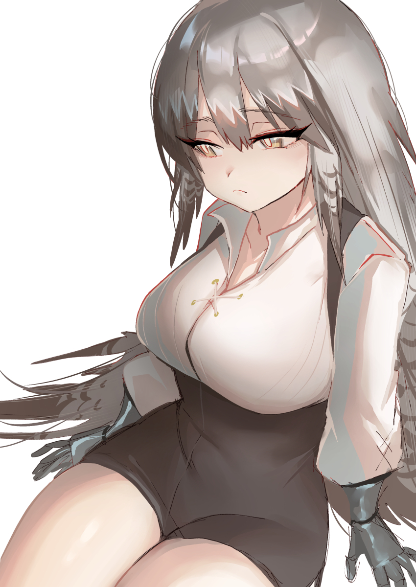 1girl absurdres arknights black_shorts breasts closed_mouth collarbone collared_shirt dress_shirt fartooth_(arknights) gauntlets grey_hair hair_between_eyes high-waist_shorts highres kaguura_(kagu) long_hair long_sleeves looking_to_the_side medium_breasts puffy_long_sleeves puffy_sleeves shirt short_shorts shorts simple_background sitting solo very_long_hair white_background white_shirt yellow_eyes