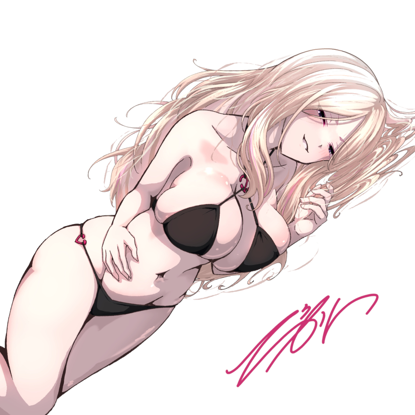 1girl bare_legs bikini black_bikini blonde_hair breasts commentary_request criss-cross_halter dutch_angle feet_out_of_frame gakuen_idolmaster halterneck highres hitofudegaki_usagi idolmaster invisible_floor juo_sena large_breasts looking_at_viewer lying on_back signature simple_background skindentation smile solo stomach string_bikini swimsuit thighhighs white_background