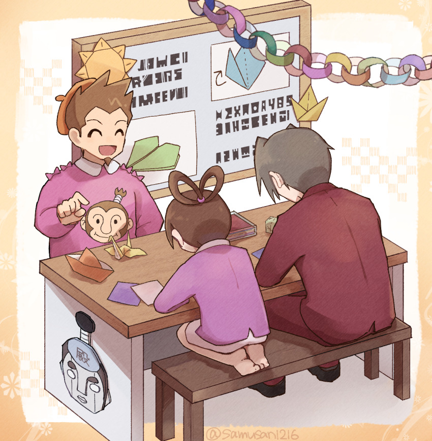 1girl 2boys ^_^ ace_attorney beret brown_hair child closed_eyes facial_hair folding from_behind grey_hair hair_rings hat highres larry_butz miles_edgeworth multiple_boys origami paper_airplane paper_boat paper_chain paper_crane pearl_fey pink_sweater samusan100 smile steel_samurai sweater table teaching whiteboard wooden_chair wooden_table
