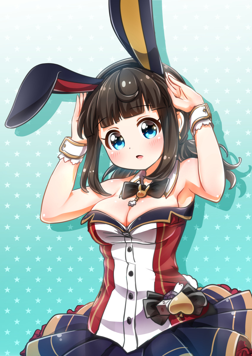 1girl absurdres animal_ears armpits asahina_kokomi bare_shoulders battle_girl_high_school black_bow black_bowtie blue_background blue_eyes bow bowtie clip_studio_paint_(medium) detached_collar dress drop_shadow gradient_background highres leotard looking_at_viewer open_mouth playboy_bunny rabbit_ears rabbit_pose solo spade_(shape) tamanegi_(12030028) wrist_cuffs
