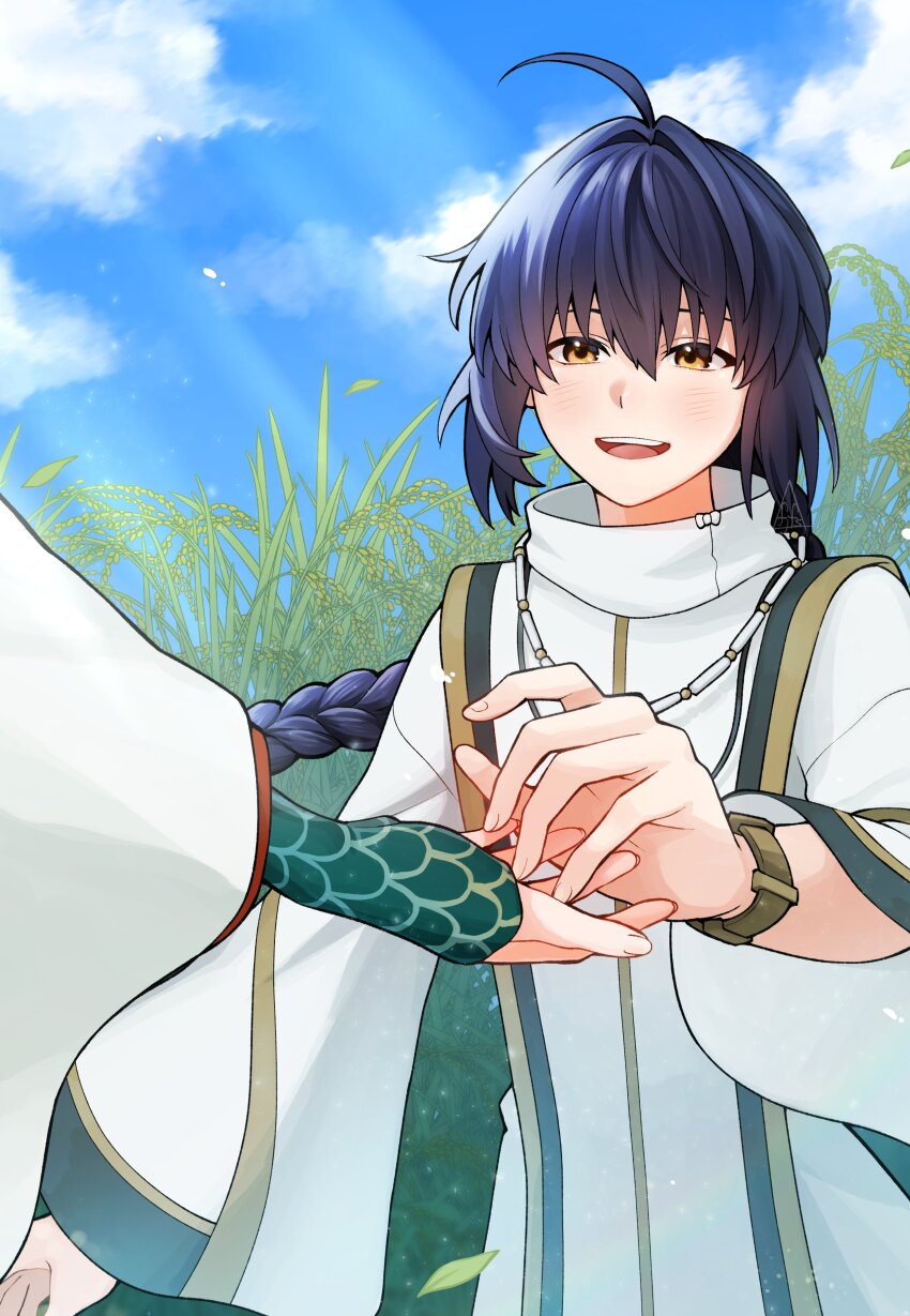 1girl 1other absurdres ahoge androgynous black_hair blue_sky blush braid brown_eyes cloud commentary_request fate/samurai_remnant fate_(series) fingerless_gloves fjfs522 floating_hair gloves hair_between_eyes highres husband_and_wife japanese_clothes long_hair open_mouth ototachibana-hime_(fate) outdoors signature sky smile sunlight wide_sleeves yamato_takeru_(fate)