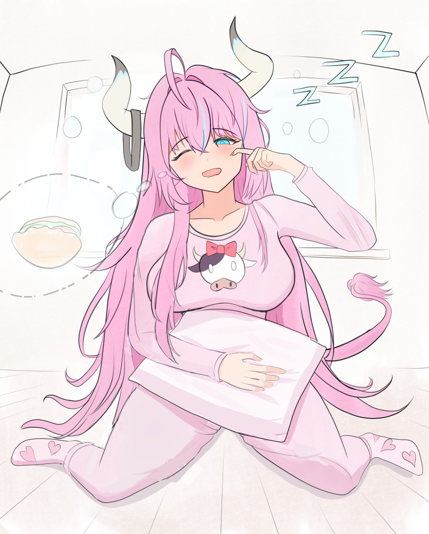 1girl absurdres detached_hair genshin_impact highres self-upload simple_background sitting sleepy solo varesa_(genshin_impact) wariza yissou_art