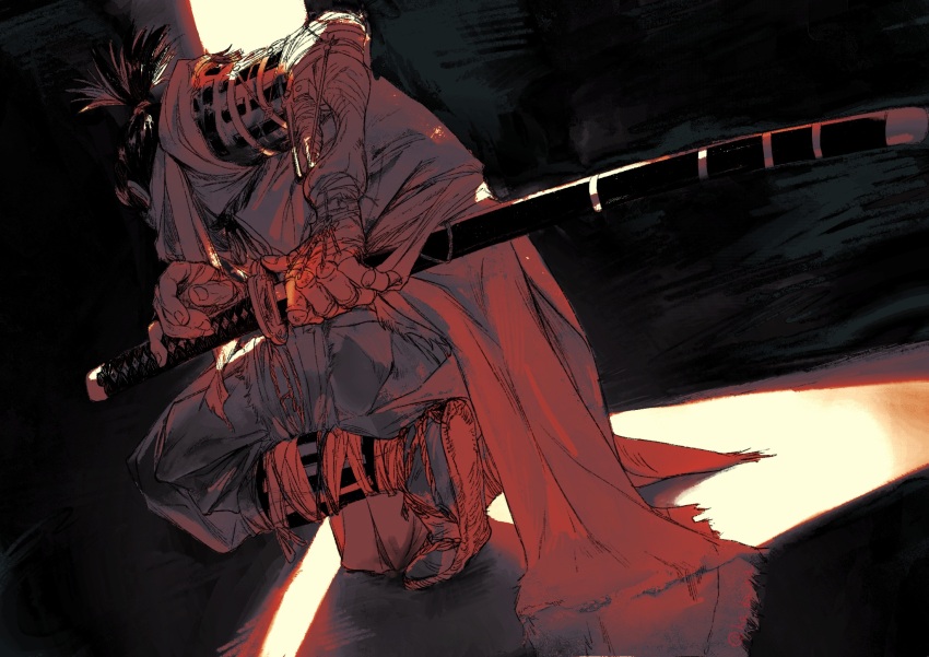 1boy facing_away fighting_stance full_body haori highres holding holding_sword holding_weapon japanese_clothes katana male_focus pants piyomotsu ponytail prosthesis prosthetic_arm ready_to_draw sandals scarf sekiro sekiro:_shadows_die_twice short_ponytail solo squatting sword weapon