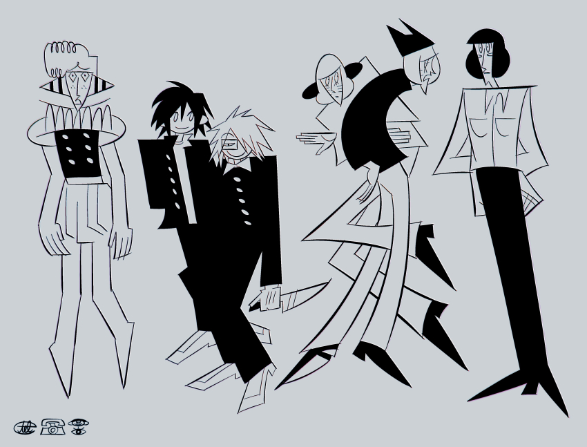 6+boys absurdres afro animal_ear_headwear artist_name beanie blush_stickers bodysuit closed_mouth collared_shirt commentary copyright_name dress_shirt english_commentary facial_mark fake_animal_ears freckles frown full_body gakuran glasses greyscale hair_over_one_eye half-closed_eyes hands_on_own_hips hat highres holding holding_knife hunched_over jacket juliet_sleeves knife leg_between_thighs lineup long_sleeves looking_back luther_von_ivory male_focus monochrome multiple_boys nyen_(randal&#039;s_friends) nyon_(randal&#039;s_friends) one_eye_covered open_clothes open_jacket open_mouth pants parody puffy_sleeves randal&#039;s_friends randal_ivory reverse_grip school_uniform sebastian_de_tomato_smith_chicken_legs shirt shoes short_hair simple_background smile standing style_parody tel_(tl_358) tsukada_satoru upa_(style) whisker_markings