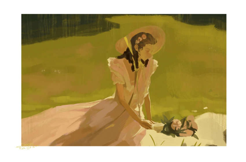 1girl border bow bowtie brown_hair closed_eyes cowboy_shot cup dated day dress drill_hair faux_traditional_media flower frilled_sleeves frills grass hair_flower hair_ornament hat holding holding_cup long_dress long_hair oil_painting_(medium) original outdoors painting_(medium) pink_dress pink_flower pink_hat pink_rose rose sanshui_guantang short_sleeves signature sitting solo teacup traditional_media v-neck white_border white_bow white_bowtie