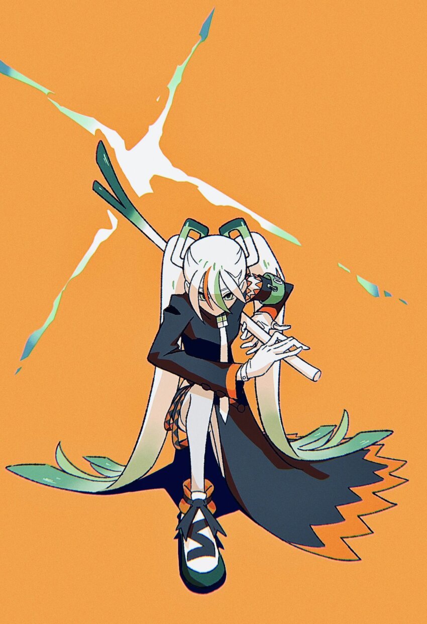 1girl armband battoujutsu_stance black_coat coat fighting_miku_(project_voltage) fighting_stance food full_body gloves hatsune_miku highres holding holding_food holding_spring_onion holding_vegetable long_hair long_sleeves multicolored_hair necktie nintendo on_one_knee orange_background oversized_food oversized_object pokemon project_voltage ready_to_draw rii_(mrhc7482) shoes shorts solo spring_onion streaked_hair twintails unconventional_weapon vegetable vocaloid white_gloves white_hair white_necktie