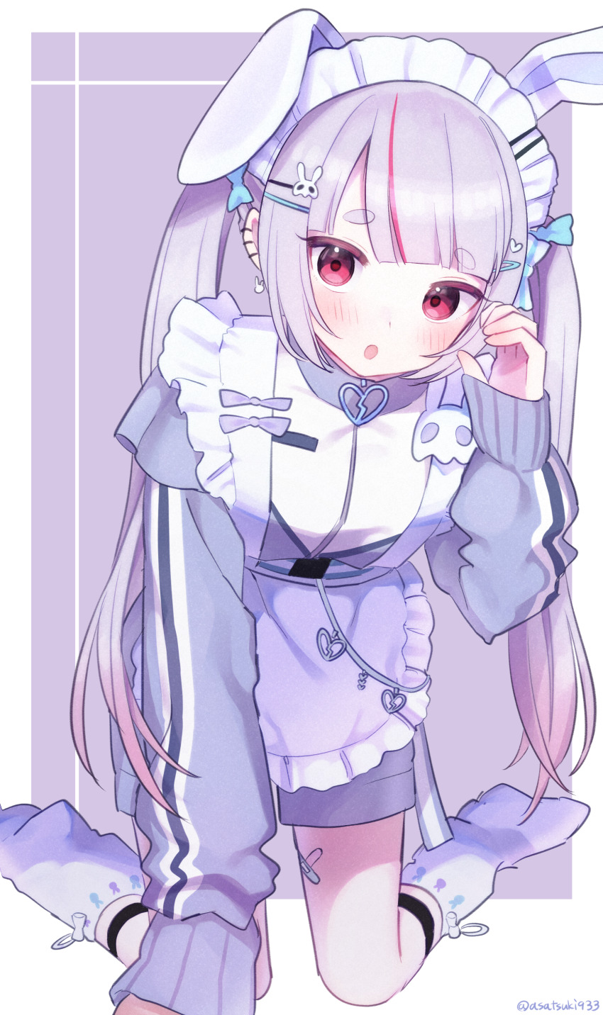 1girl :o absurdres animal_ears animal_hairband apron asatsuki933 bad_anatomy bad_leg loose_socks bandaid bandaid_on_leg belly_chain blunt_bangs bow calflet cattleya_regina_games ear_piercing fake_animal_ears frilled_apron frills gradient_hair grey_hair grey_jacket grey_shorts hair_bow hair_ornament hairpin heart_cheeks highres jacket jersey_maid jewelry kneeling leaning_forward light_blush long_sleeves looking_at_viewer maid maid_apron maid_headdress multicolored_hair multiple_hairpins parted_bangs piercing pink_hair purple_background red_eyes shorts sidelocks sleeves_past_wrists socks solo streaked_hair thick_eyebrows tosaki_mimi tosaki_mimi_(4th_costume) track_jacket twintails unconventional_maid virtual_youtuber vspo! white_apron white_socks