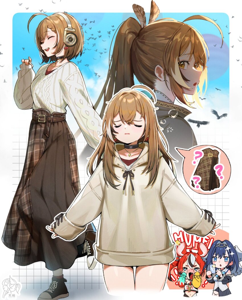 ! !! 3girls :o ? ahoge animal_ears artist_logo belt bird black_choker black_hair black_shoes blue_eyes blue_hair blush border brown_belt brown_cloak brown_eyes brown_hair brown_hoodie brown_skirt cellphone chain chain_headband choker cloak closed_eyes commentary cropped_legs cropped_torso crossed_bangs earrings feather_hair_ornament feathers flustered food-themed_earrings full_body hair_between_eyes hair_intakes hair_ornament hakos_baelz hakos_baelz_(1st_costume) headphones high_tops highres holding holding_phone hololive hololive_english hood hoodie jewelry logo long_hair long_skirt long_sleeves looking_at_viewer mouse_ears mouse_girl multicolored_hair multiple_girls multiple_views nanashi_mumei nanashi_mumei_(1st_costume) nanashi_mumei_(casual) necklace no_pants official_alternate_costume open_mouth ouro_kronii ouro_kronii_(1st_costume) outside_border outstretched_arms parted_lips phone plaid_clothes plaid_skirt ponytail profile red_hair shirt shoes short_hair sideways_glance skirt sleeves_past_wrists smartphone smile sneakers sparkle spoken_object spread_arms squeans standing standing_on_one_leg streaked_hair sweater symbol-only_commentary taking_picture tenchi_mayo veil virtual_youtuber white_border white_hair white_shirt white_sweater white_veil