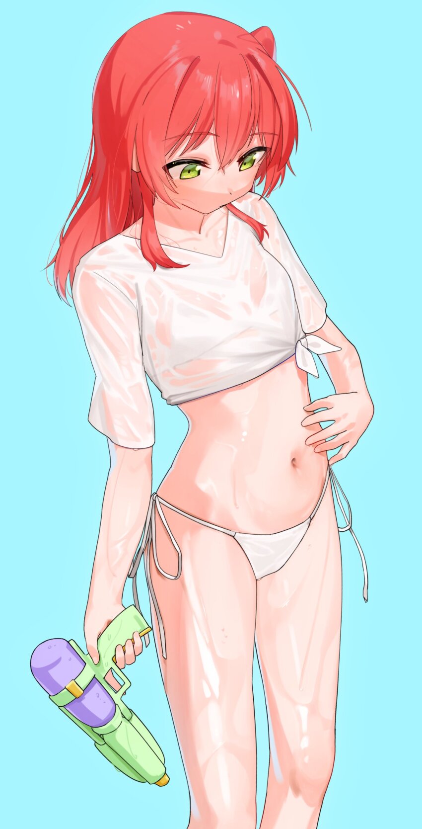absurdres bikini blue_background bocchi_the_rock! eltir feet_out_of_frame from_above green_eyes highres kita_ikuyo looking_down medium_hair midriff navel red_hair shirt swimsuit water_gun white_bikini white_shirt