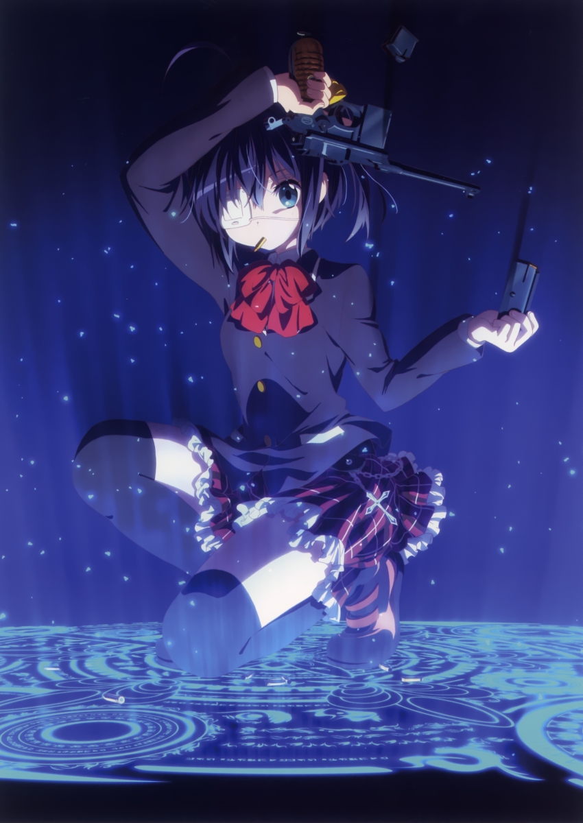 1girl anime_coloring arm_up artist_request black_background black_socks blue_background blue_eyes bow bowtie breasts bullet buttons chuunibyou_demo_koi_ga_shitai! cross eyepatch full_body gradient_background gun hand_up handgun highres holding holding_bullet holding_gun holding_weapon icho_private_high_school_uniform kneehighs light_particles long_sleeves looking_at_viewer magic_circle mauser_c96 medical_eyepatch mouth_hold object_request official_art on_one_knee plaid_clothes plaid_skirt red_bow red_bowtie red_skirt school_uniform shoes skirt small_breasts socks solo takanashi_rikka third-party_source two-tone_background underlighting wallet_chain weapon