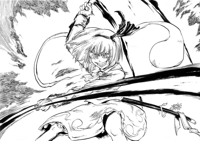 1girl crazy_eyes crazy_smile female_focus greyscale hitodama konpaku_youmu konpaku_youmu_(ghost) monochrome pandemonium smile solo touhou