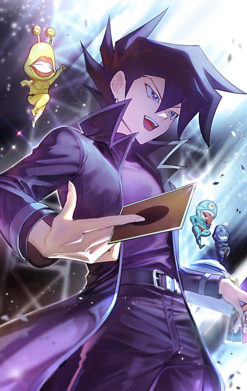 4boys black_coat black_hair black_pants black_skin card coat colored_skin confetti cowboy_shot duel_disk green_skin highres holding holding_card male_focus manjoume_jun medium_hair moemoenomori multiple_boys ojama_black ojama_green ojama_yellow one-eyed pants purple_shirt shirt spiked_hair tongue tongue_out trading_card yellow_skin yu-gi-oh! yu-gi-oh!_gx
