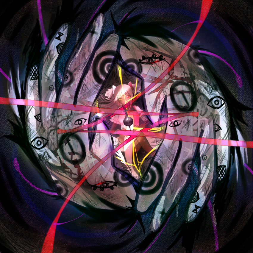 1girl dress dual_persona frilled_sleeves frilled_thighhighs frills giant_hand grief_seed heterochromia highres kaname_madoka long_hair magic mahou_shoujo_madoka_magica pink_dress pink_hair pink_thighhighs red_eyes short_sleeves short_twintails single_thighhigh split_theme thighhighs twintails ultimate_madoka user_frvn3722 yellow_eyes