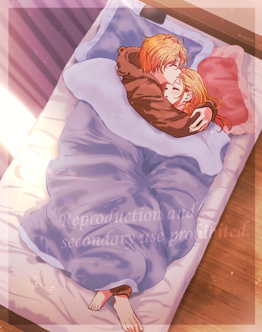 1boy 1girl absurdres animal_costume animal_hood asgykk barefoot bear_costume bear_hood bed blanket blonde_hair blush brother_and_sister brown_hood closed_eyes feet hair_between_eyes highres hood hoshino_aquamarine hoshino_ruby hug long_hair lying open_mouth oshi_no_ko pillow short_hair siblings sleeping toes twins