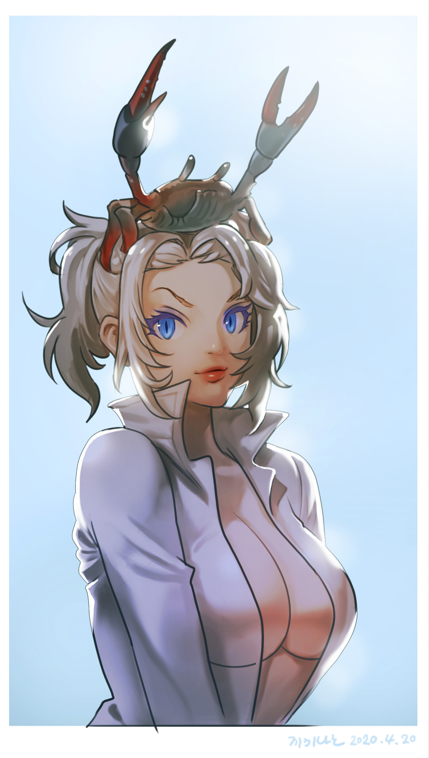 1girl absurdres alternate_color alternate_eye_color alternate_hair_color animal animal_on_head backlighting blue_eyes border breasts cleavage closed_mouth collared_jacket crab crab_on_head dated eyebrows female_focus high_collar high_ponytail highres jacket kemono_friends lips long_sleeves looking_at_viewer medium_breasts medium_hair on_head open_clothes open_jacket photo-referenced photoshop_(medium) ponytail roonhee saltwater_crocodile_(kemono_friends) sidelocks slit_pupils smile solo upper_body white_hair white_jacket