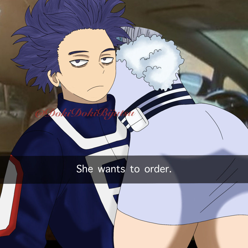 1boy 1girl blue_eyes blue_hair boku_no_hero_academia emily english_text fake_phone_screenshot fake_screenshot he_wants_to_order_(meme) highres meme shinso_hitoshi snapchat tagme yanagi_reiko
