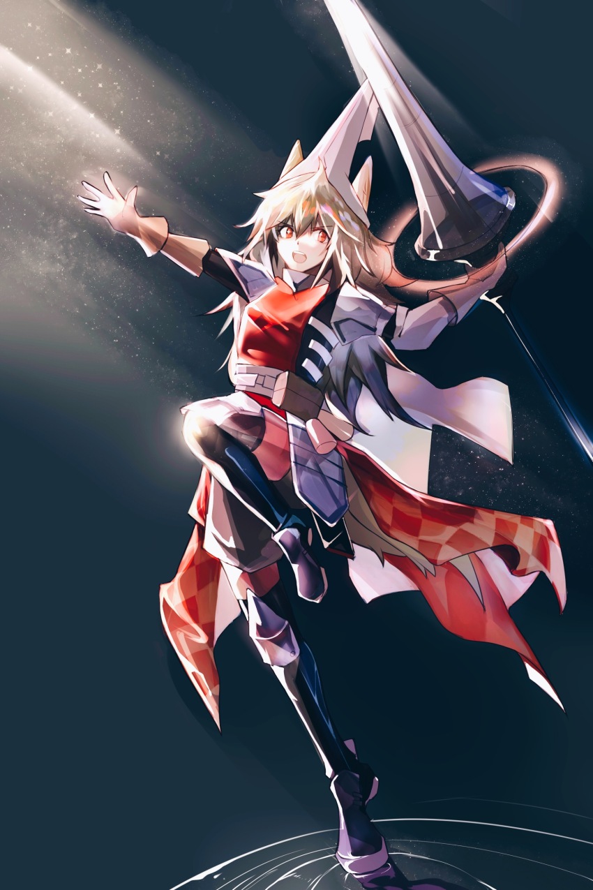 1girl absurdres animal_ears arknights armor black_thighhighs brown_gloves brown_hair chinese_commentary commentary_request dress dumenggu full_body gloves grey_hat hair_between_eyes hat highres holding holding_polearm holding_weapon knee_pads light_particles light_rays long_hair open_mouth outstretched_arm polearm red_dress red_eyes solo standing standing_on_one_leg teeth thighhighs upper_teeth_only weapon wild_mane_(arknights)