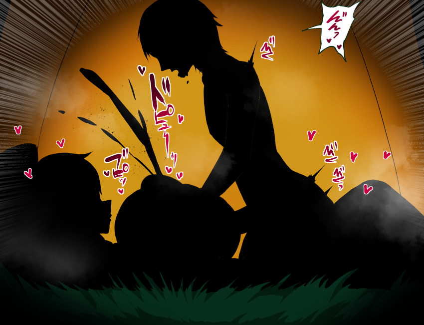 1boy 1girl arc_(arc_the_lad) arc_the_lad breasts breasts_squeezed_together breath cum ejaculation grabbing_another&#039;s_breast grass groping highres huge_breasts kukuru_(arc_the_lad) large_breasts long_hair lying motion_lines night nipples on_ground orgasm outdoors paizuri penis ponytail silhouette steam straddling_paizuri sweat tent yukichi100yu
