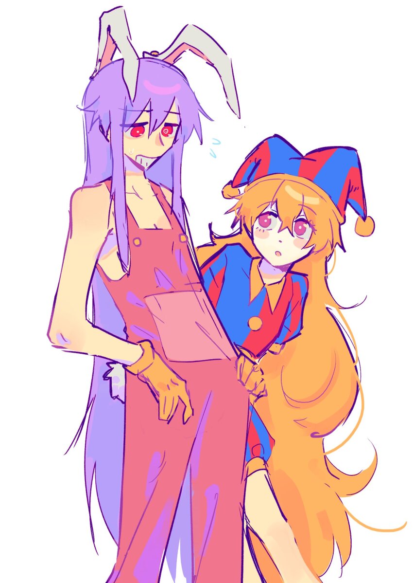 2girls animal_ears blonde_hair blush blush_stickers bright_pupils clownpiece cosplay dress flying_sweatdrops gloves hair_between_eyes hat highres jax_(the_amazing_digital_circus) jax_(the_amazing_digital_circus)_(cosplay) jess_(p2eocene) jester jester_cap jester_costume long_hair looking_at_another looking_down multiple_girls overalls pink_eyes pink_hair pink_overalls pomni_(the_amazing_digital_circus) pomni_(the_amazing_digital_circus)_(cosplay) puffy_short_sleeves puffy_sleeves purple_hair rabbit_ears red_eyes reisen_udongein_inaba short_sleeves simple_background the_amazing_digital_circus touhou two-tone_dress very_long_hair white_background white_pupils yellow_gloves