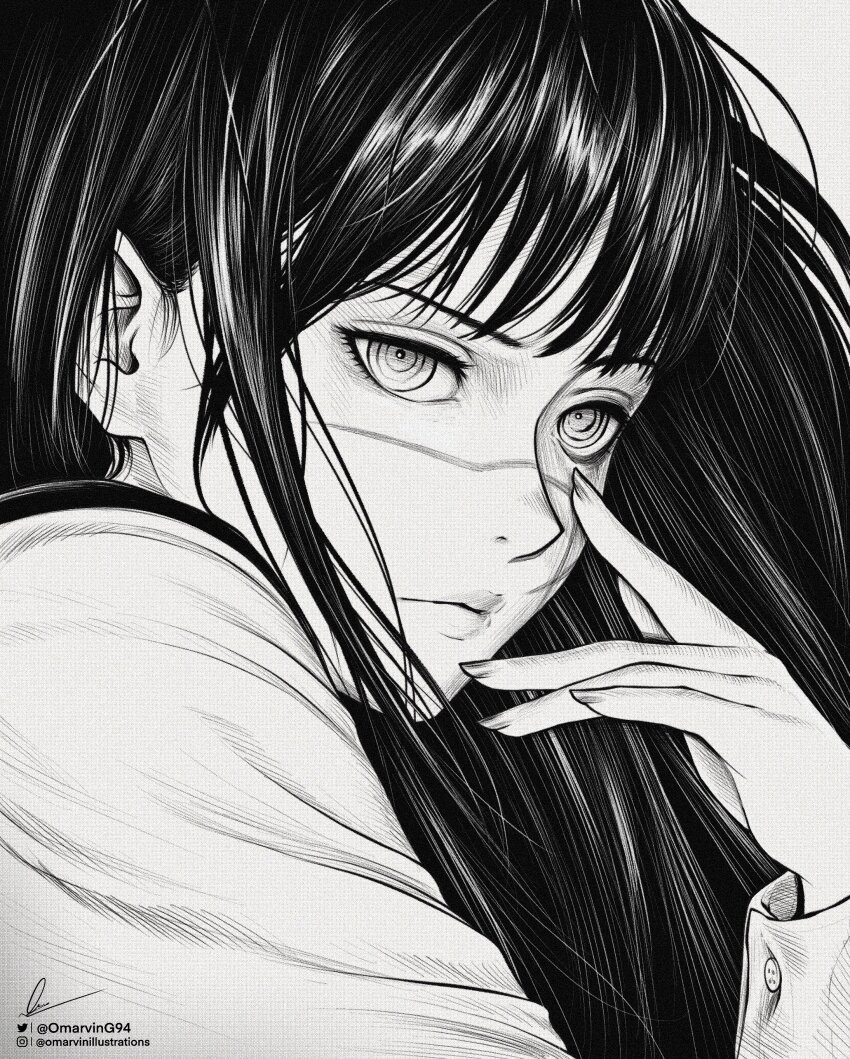1girl absurdres black_hair chainsaw_man greyscale hands_on_own_face highres instagram_username long_hair long_sleeves looking_at_viewer marvin_(omarvin) monochrome nail_(hardware) ringed_eyes scar scar_on_face school_uniform signature solo twitter_username yoru_(chainsaw_man)