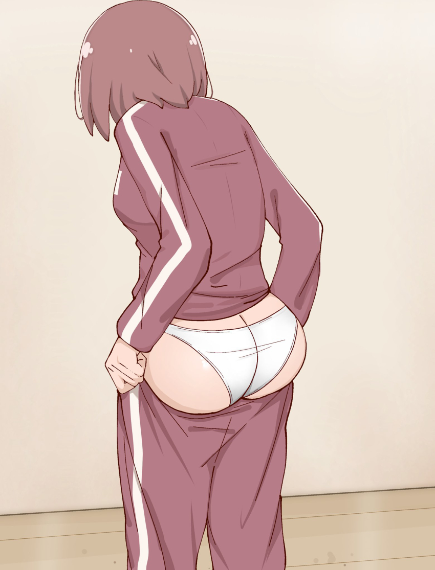 1girl ass brown_hair butt_crack commentary_request dressing facing_away from_behind highres hoshino_miyako_(wataten) indoors large_variant_set long_sleeves panties pants poa_mellhen pulling_own_clothes red_pants red_track_suit short_hair standing sweatpants track_suit underwear variant_set watashi_ni_tenshi_ga_maiorita! white_panties wooden_floor